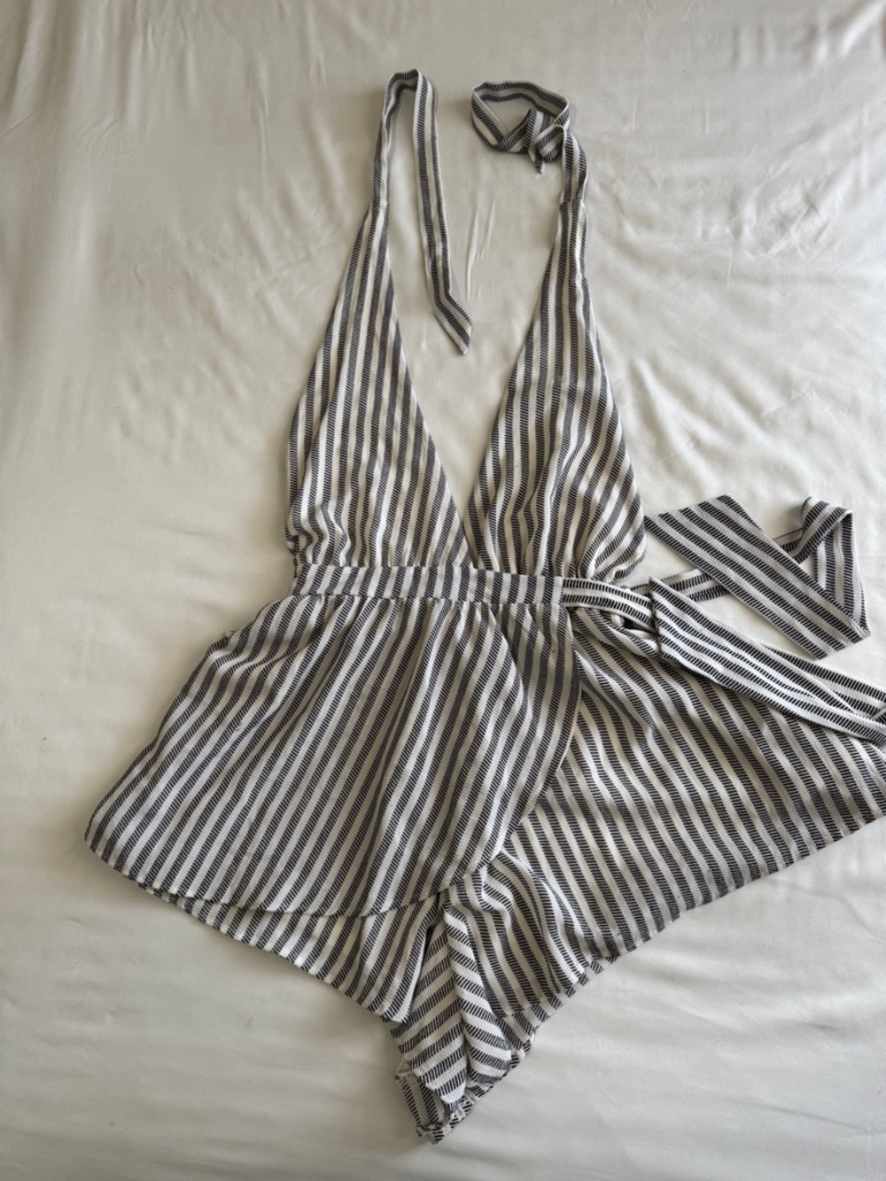AKIRA Black and White Striped Halter and Wrapped Romper